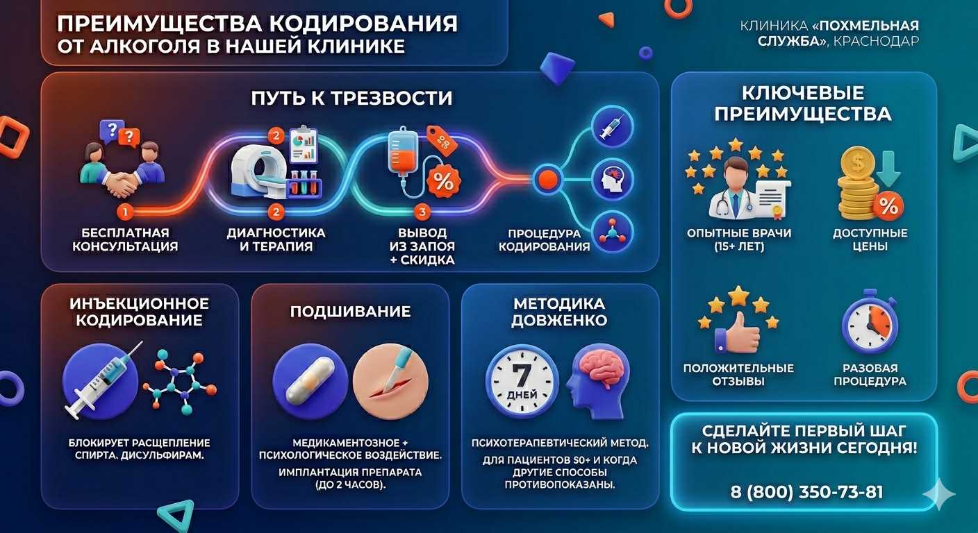Инфографика о методах кодирования от алкоголя в Нарткале: инъекции, подшивание, метод Довженко. Преимущества клиники и этапы лечения.