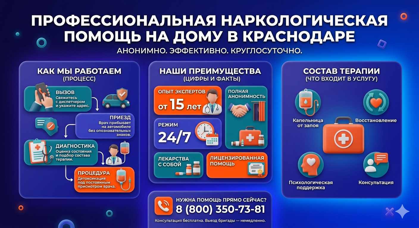 Инфографика о принципах лечения алкоголизма на дому в Нарткале: этапы вызова нарколога, преимущества анонимной детоксикации и состав медицинской помощи.